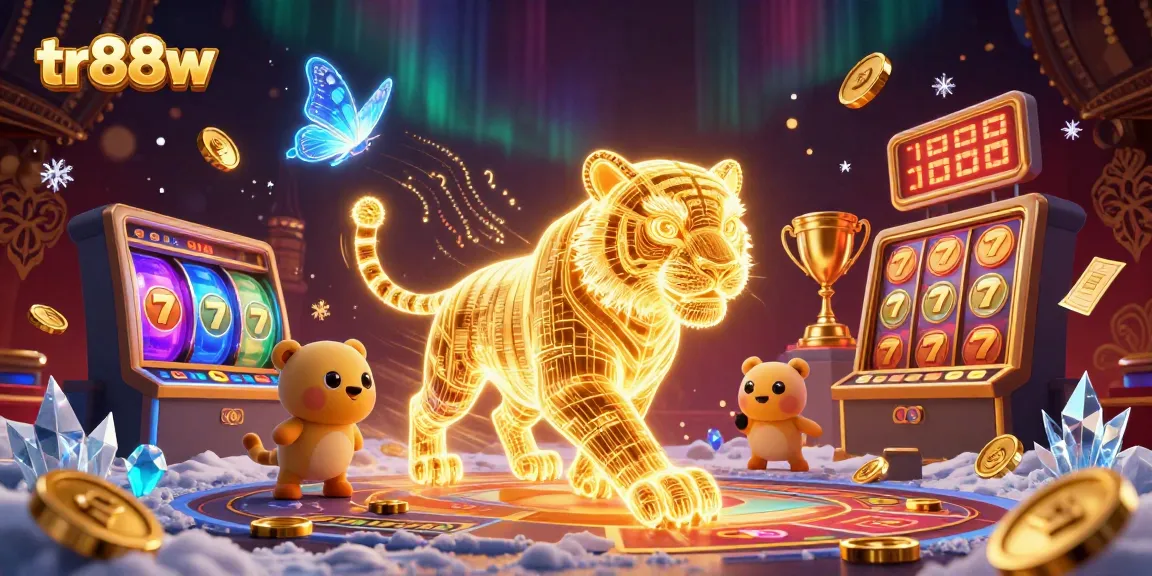 Experience thrilling slots at tr88w with a 3D golden tiger in a digital casino landscape.