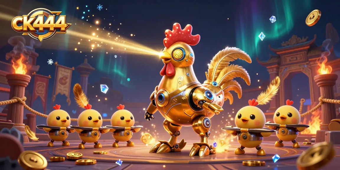 Experience high-stakes action at ck444 casino with dynamic golden rooster robot and baby chick drones.