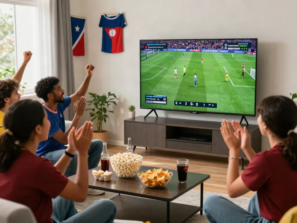 Fans cheering while watching cakhiatv live football match at home with friends.