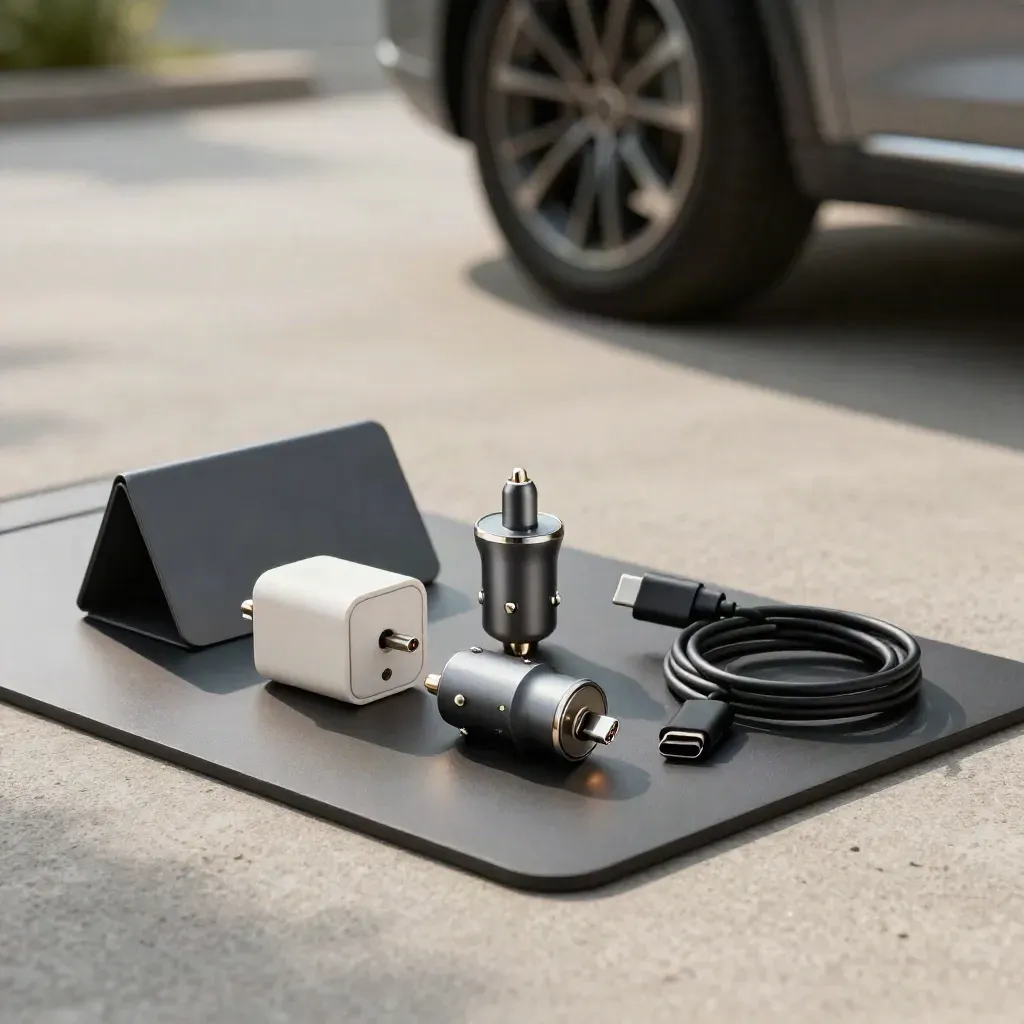 Set di ricarica su tappetino da viaggio, con adattatore, car charger e cavo USB-C.
