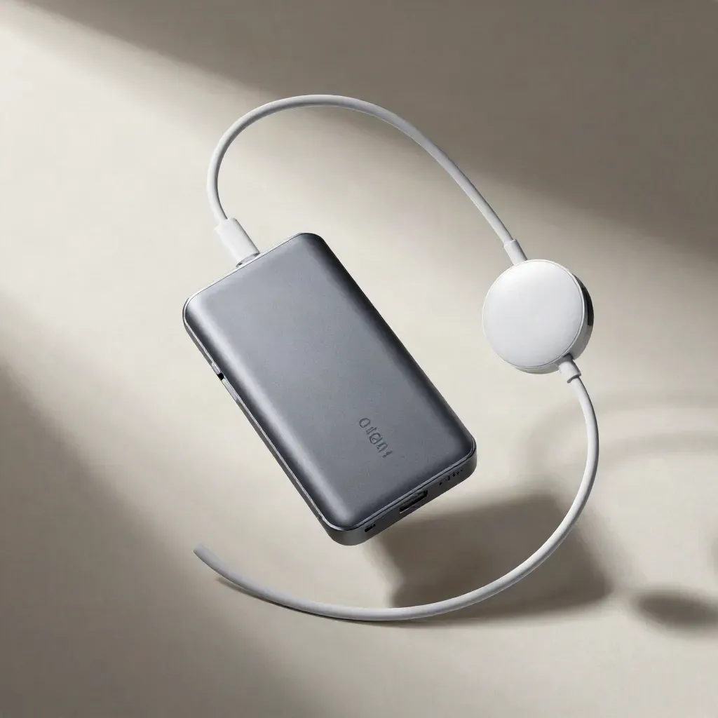 Power bank, cavo USB-C e puck di ricarica su sfondo chiaro, vista dall’alto