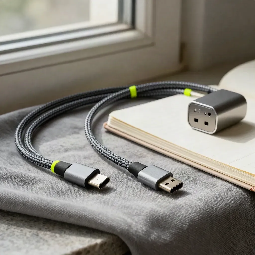 Cavo USB-C intrecciato su tessuto grigio con caricatore e taccuino piegato.