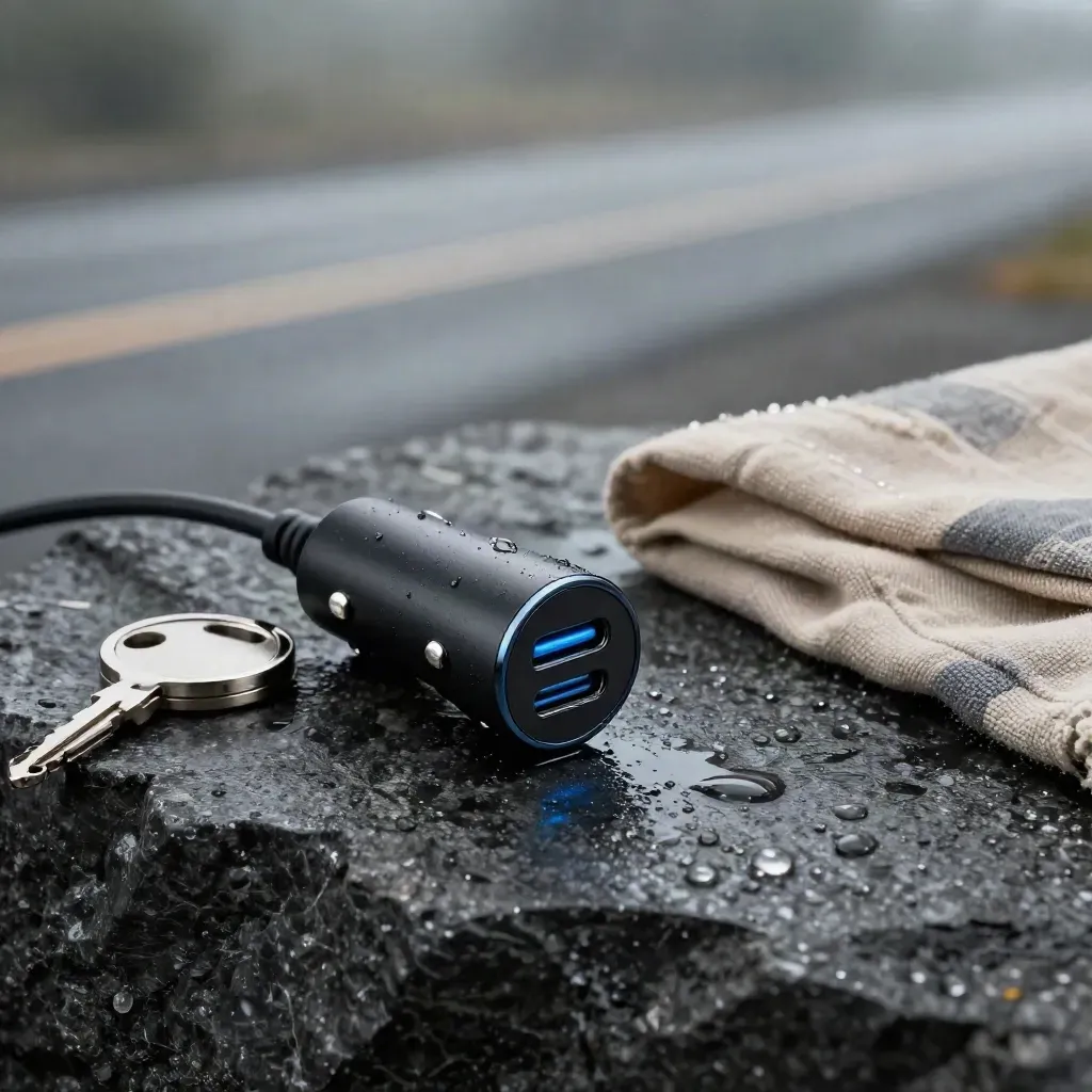 Caricatore auto USB-C su basalto bagnato con chiavi e panno, tra spruzzi e luce fredda.
