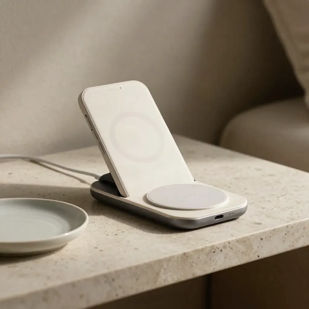 Base di ricarica wireless con telefono e vassoio in ceramica su mensola in travertino
