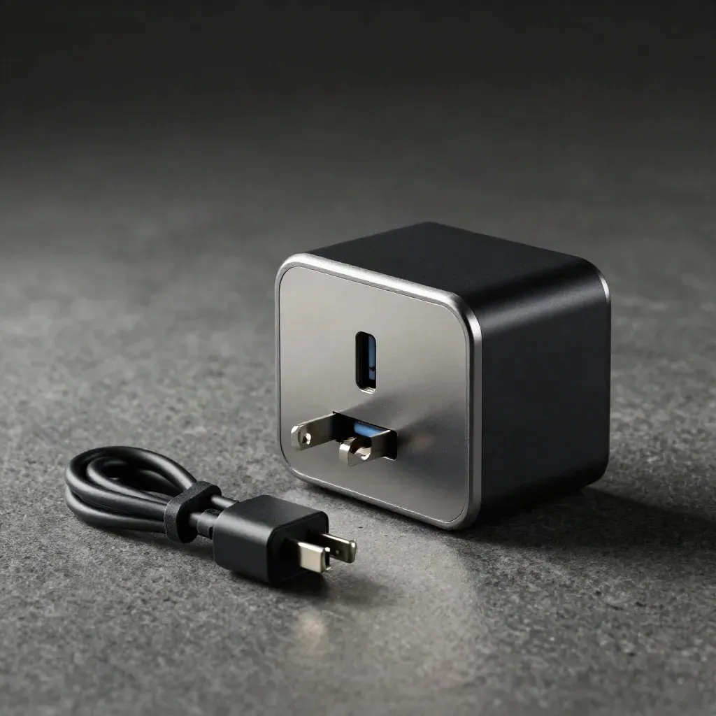 Caricatore da parete USB-C con adattatore e accessori su base grafite, luce drammatica