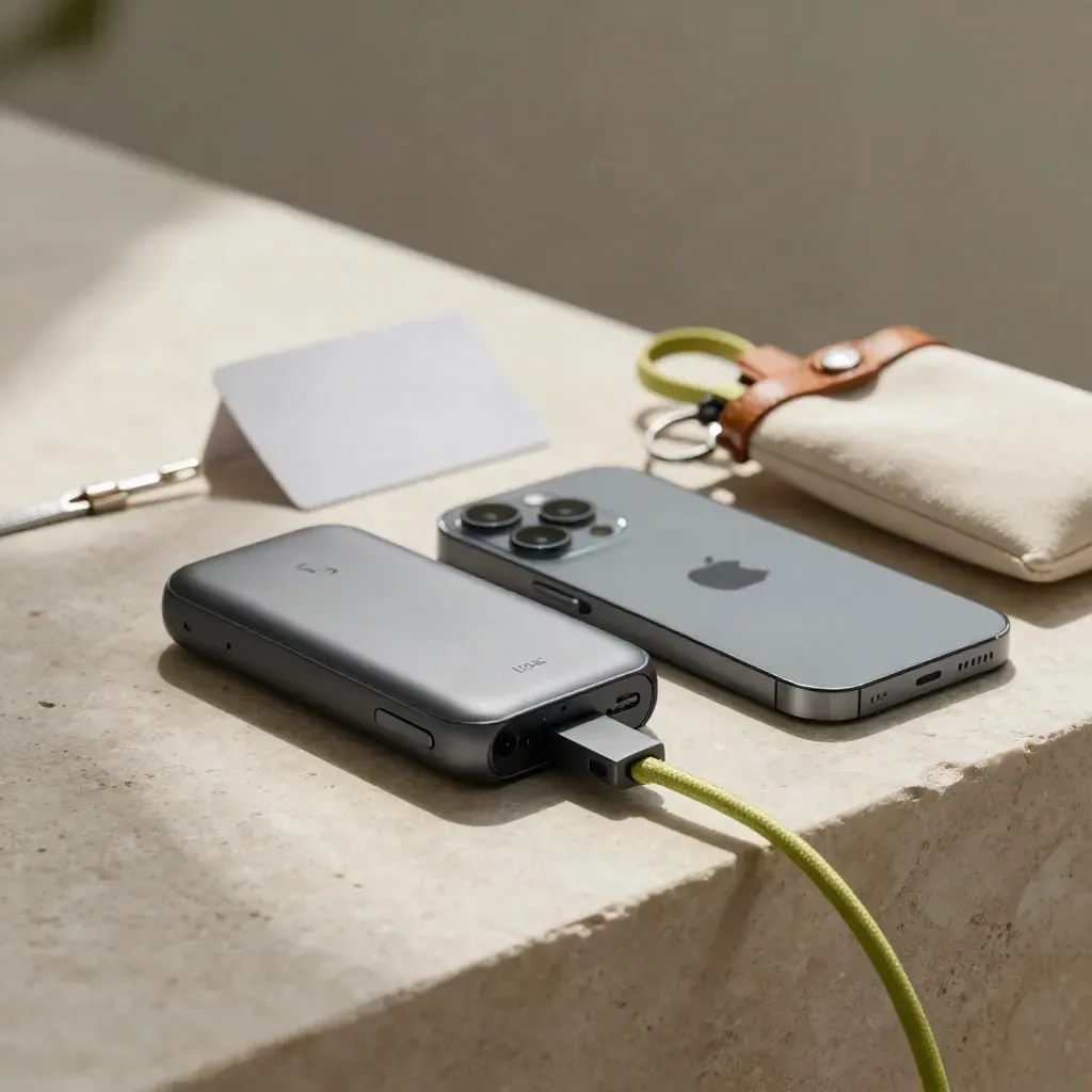 Power bank MagSafe con telefono su mensola in pietra chiara, borsetta da viaggio e portachiavi.