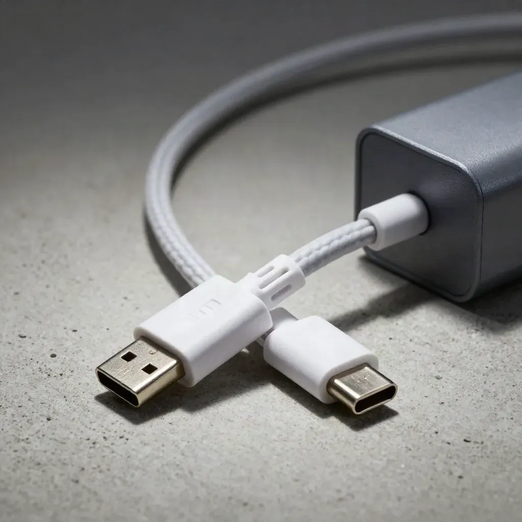 Cavo USB-A a USB-C arrotolato su cemento chiaro con piccolo alimentatore e luce radente.