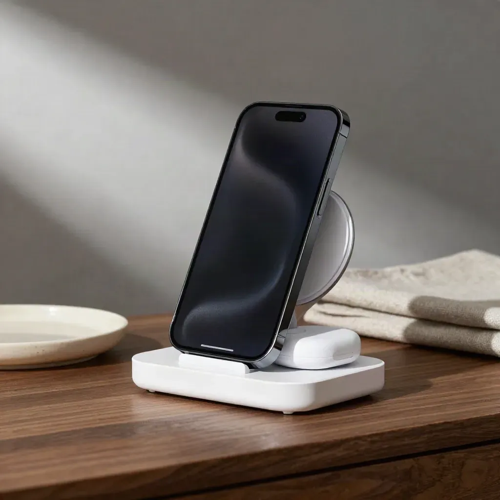 Base di ricarica wireless 3 in 1 con telefono, orologio e auricolari su mensola in legno.