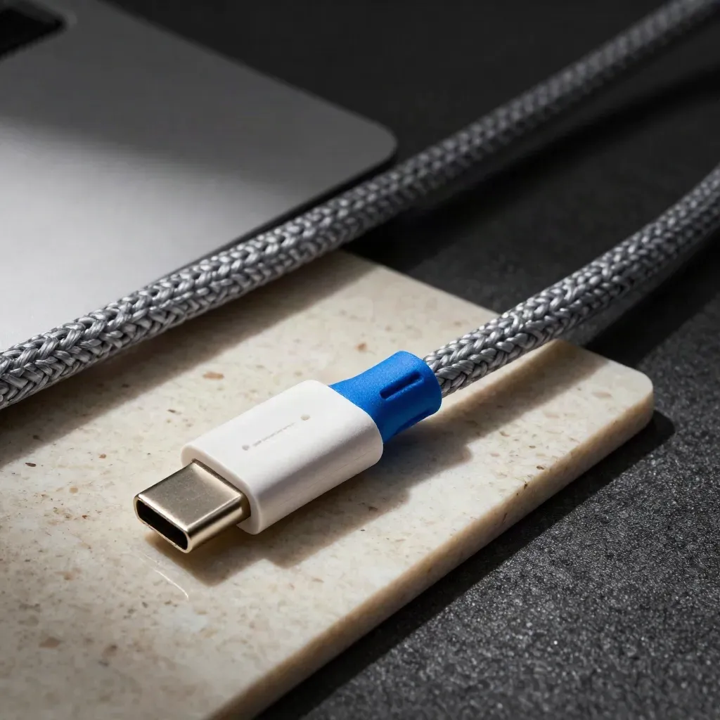 Cavo USB-C intrecciato su tessuto tecnico con connettore e fascetta blu.