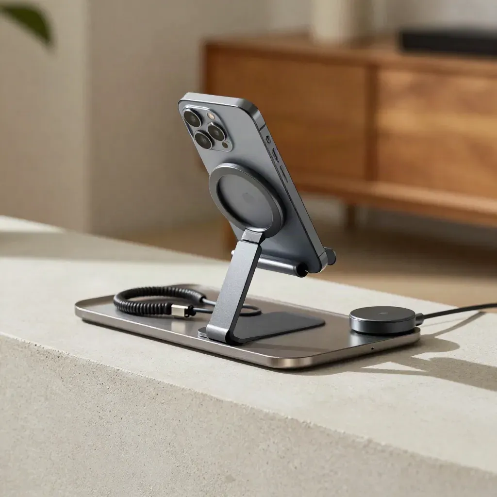 Supporto MagSafe con base su mensola in cemento, con telefono e vassoio da scrivania.