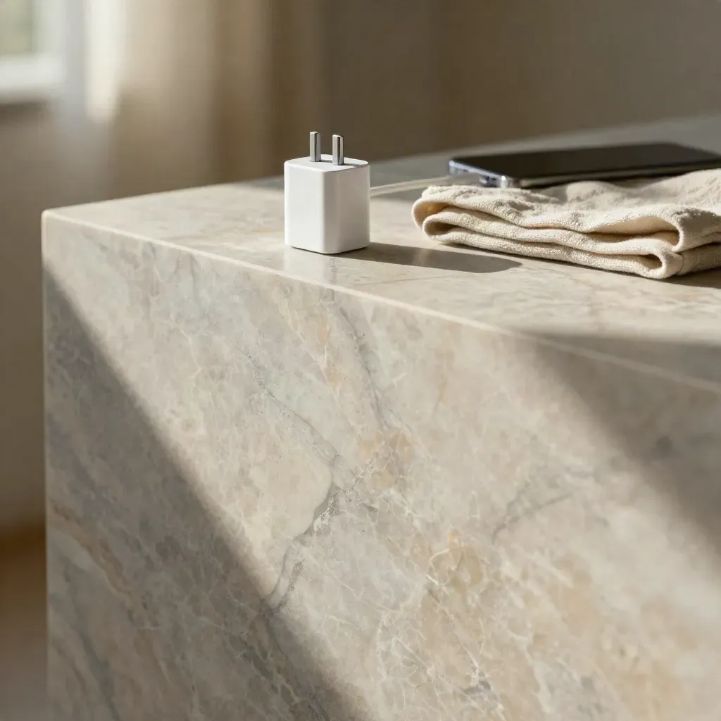 Charger USB-C su bancone di marmo venato con lino piegato e smartphone sfocato