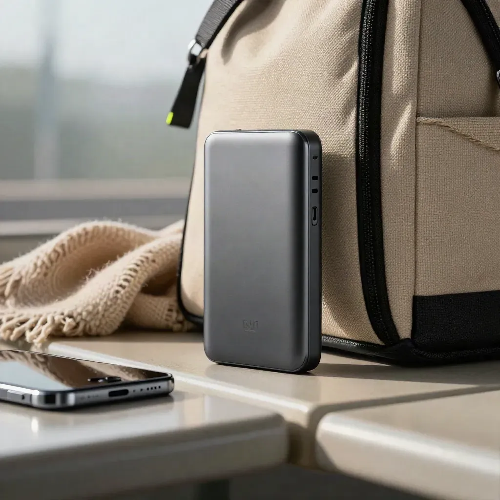 Power bank nero accanto a borsa da pendolare, sciarpa piegata e telefono su panca di stazione.