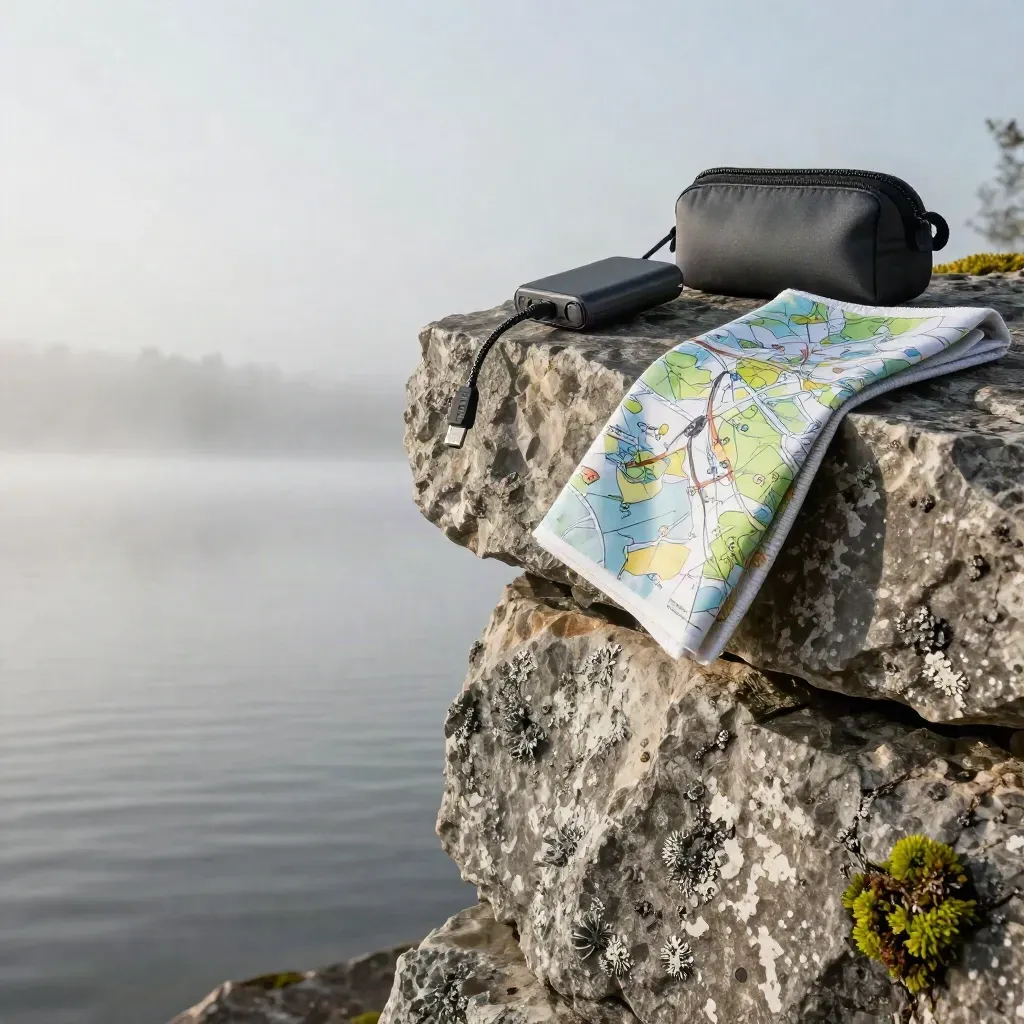 Power bank, cavo e pouch su roccia sul lago nella nebbia mattutina