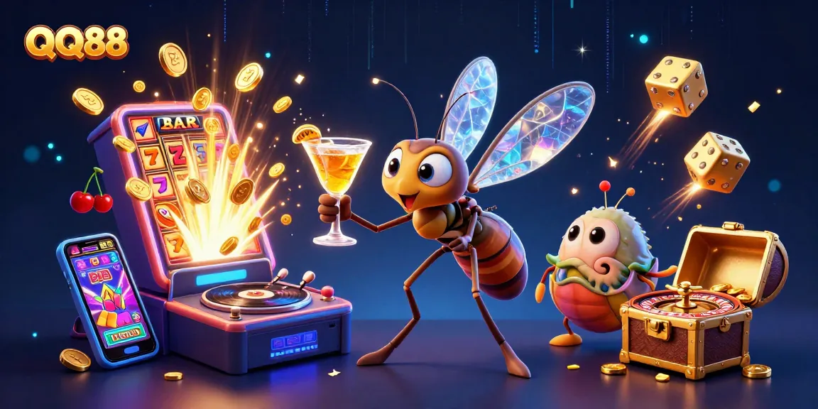 Experience QQ88 with vibrant casino characters, slot machines, and exciting gameplay elements in a dynamic 3D scene.