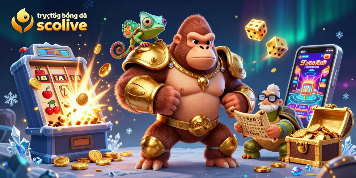 Experience trực tiếp bóng đá socolive with dynamic visuals of a gorilla king, chameleon, and tortoise in a rich atmosphere.