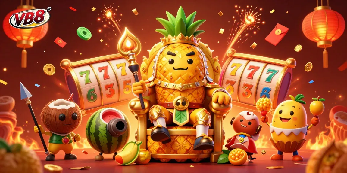 VB8 casino scene featuring a golden pineapple king and dynamic casino elements, creating excitement and victory.