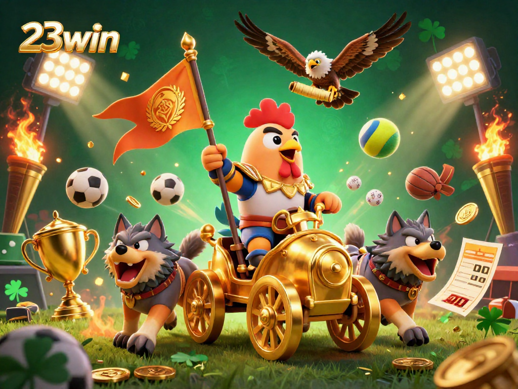 Experience thrilling action with 23win, featuring a rooster warlord and sports elements in an epic 3D illustration.