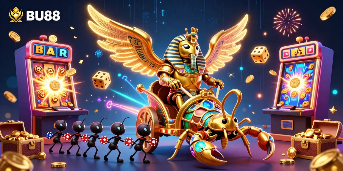 Win big with the BU88 casino scene showcasing a vibrant 3D scarab beetle theme full of slot machines and poker chips.