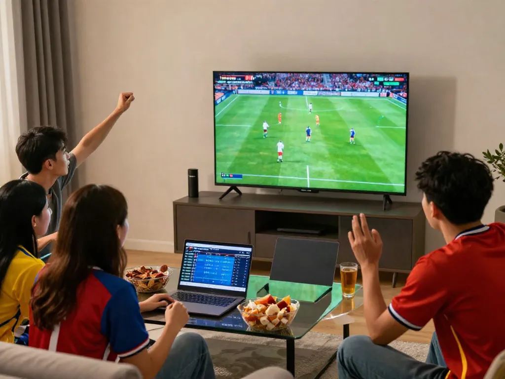 Friends enjoying football on TV while tracking live scores on thapcamtv.