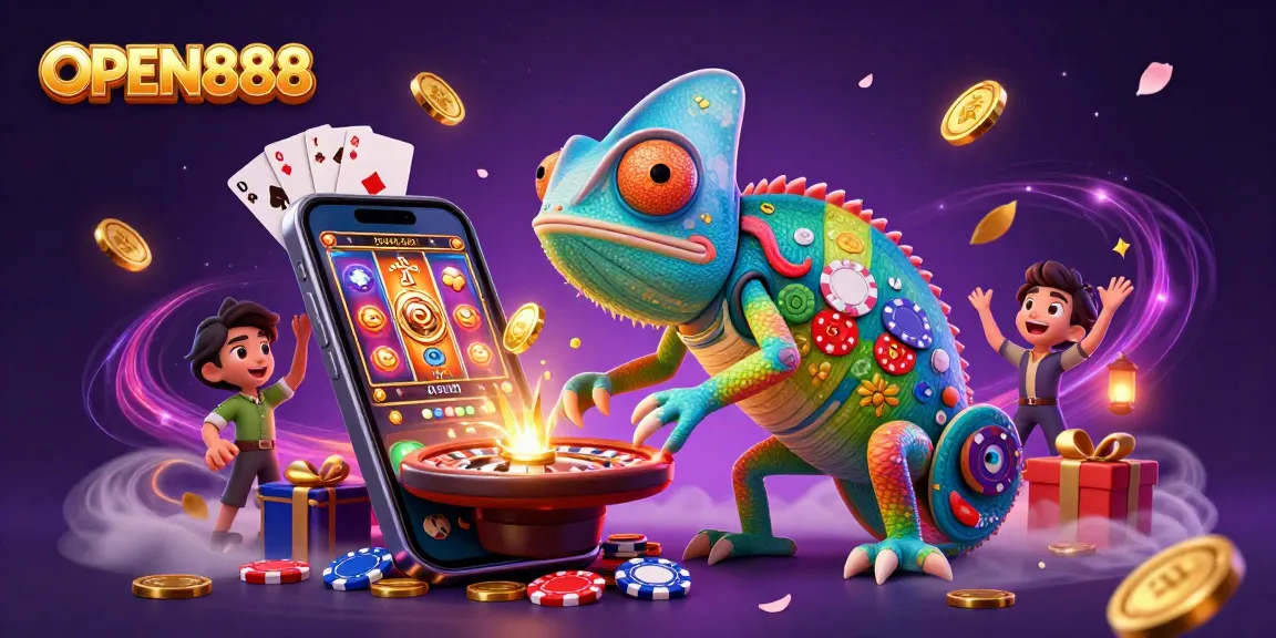 Engage with OPEN888's vibrant gaming world featuring a dynamic chameleon casino owner.