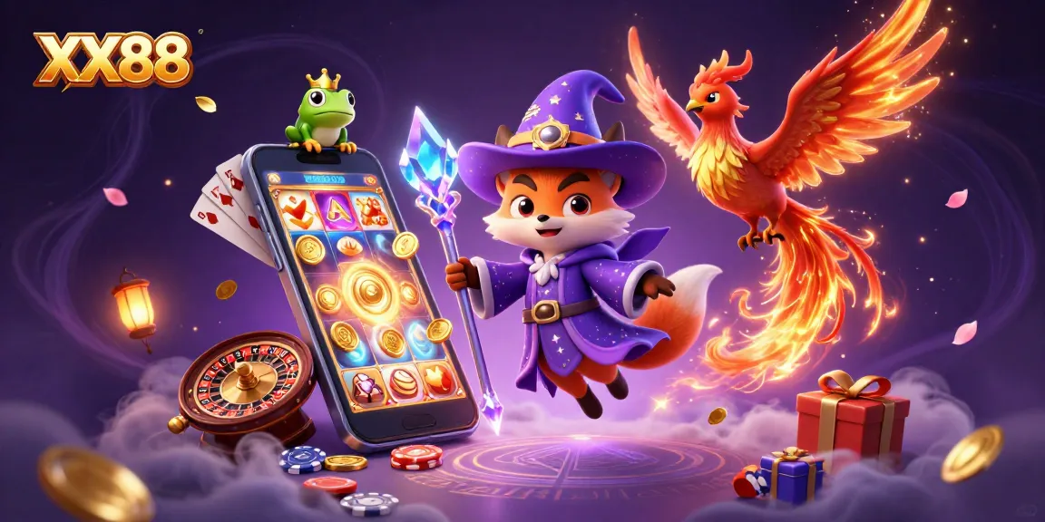 Experience exciting gameplay at XX88 with a mystical scene of a wizard fox and phoenix amidst casino elements.