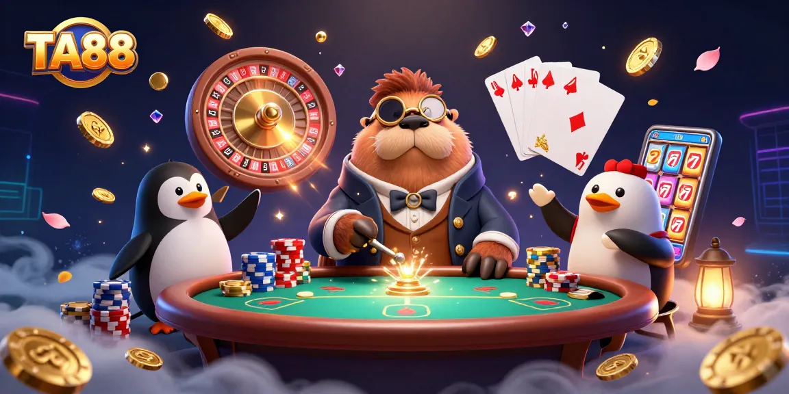 TA88 walrus bluffing at an underwater casino poker table with falling coins and vibrant lights