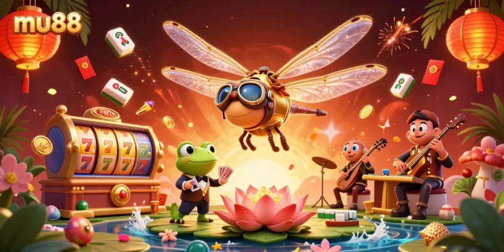 Win big with mu88 at a vibrant lily pad casino, featuring dynamic card dealing and entertaining jazz.