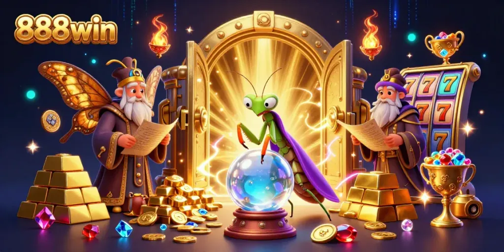 Experience 888win's vibrant gaming world with a dynamic scene of fortune tellers and treasure.