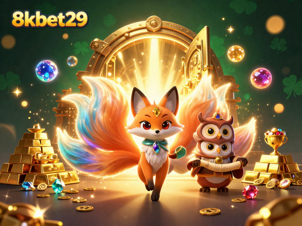 Engage with the vibrant 8kbet29 casino scene, featuring lively characters and treasure elements.