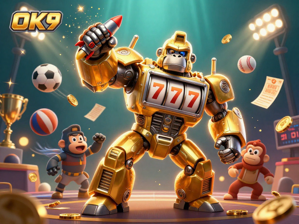 Experience thrilling sports betting at OK9 with a dynamic illustration of a golden mech and sports elements.