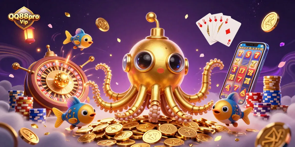Engage in thrilling gaming action with QQ88pro Vip's golden kraken submarine amidst coins and roulette wheels.