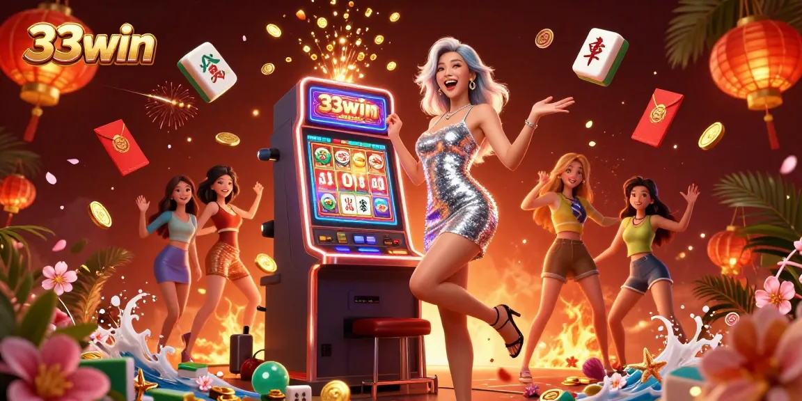 Experience thrilling wins at 33win as a dazzling woman celebrates her jackpot at a lively casino.