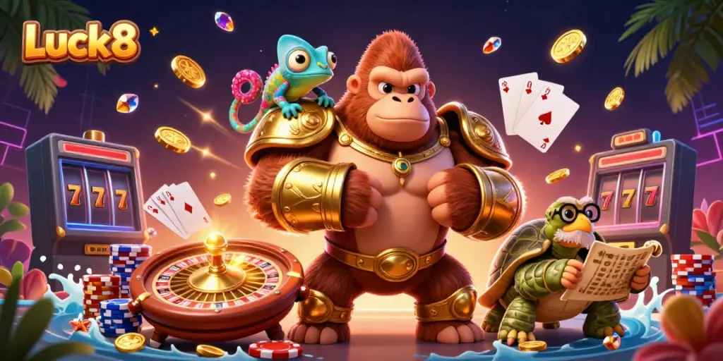 Experience big wins at Luck8 casino with powerful characters, golden coins, and vivid gaming action.