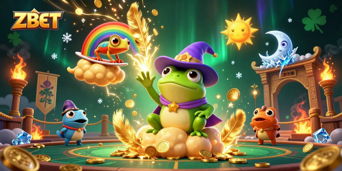 ZBET showcases thrilling online gambling excitement with a vibrant 3D digital casino scene filled with golden coins and magical characters.