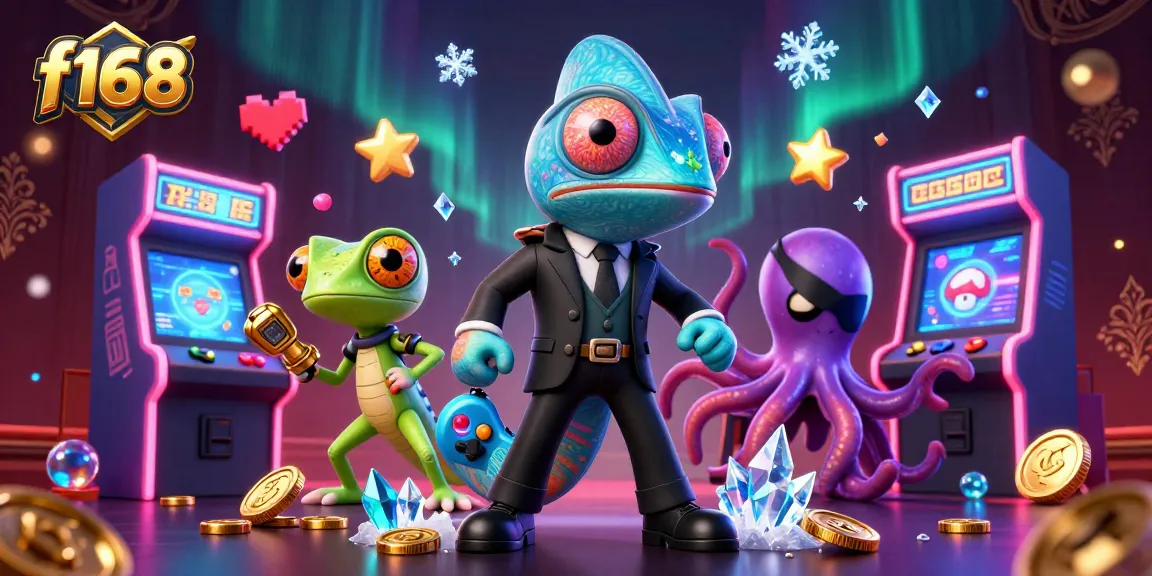 Engage in exciting games at f168, with a vibrant casino scene featuring a secret agent chameleon and more.