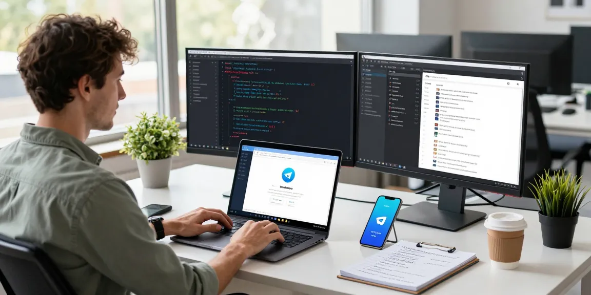 Download Telegram on a developer's dual monitor setup in a modern office workspace.