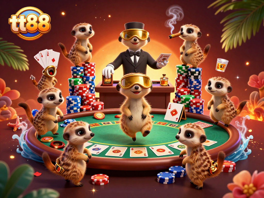 tt88 meerkats manage a vibrant casino scene with colorful poker chips and tables.