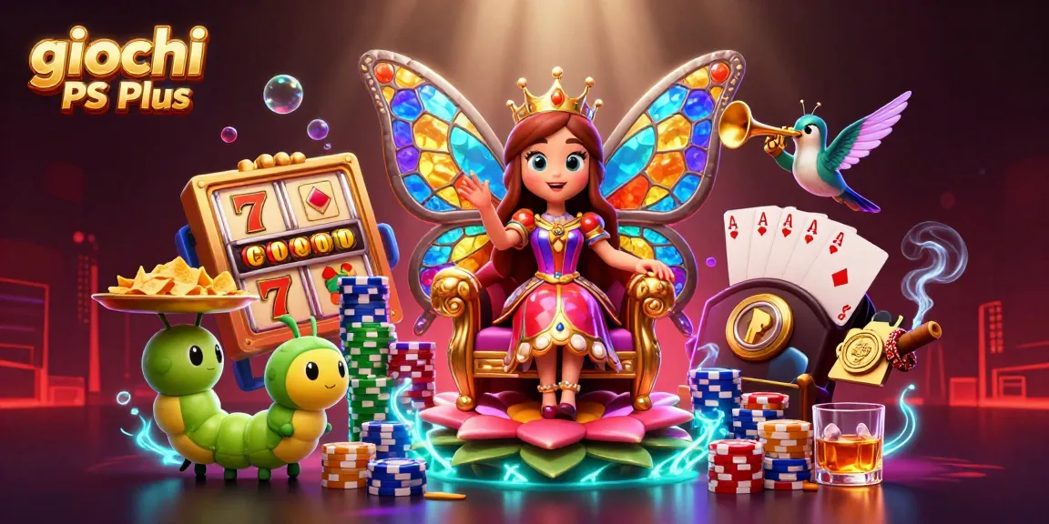 Scopri i giochi PS Plus attraverso un'illustrazione vibrante e dettagliata con la regina farfalla in un contesto di gioco.