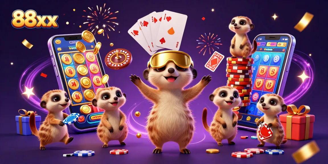 Experience thrilling action in 88xx casino as meerkats run games, surrounded by vibrant slots and chips.