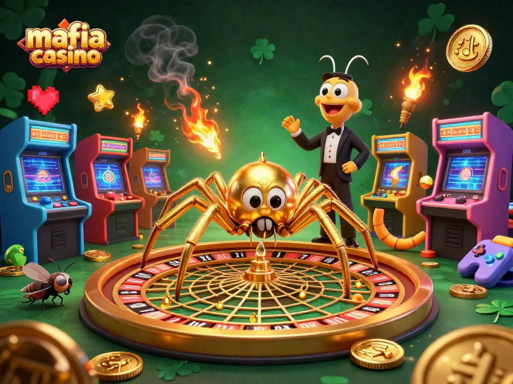 Experience exciting bets at mafia casino with a high-stakes spider roulette scene.