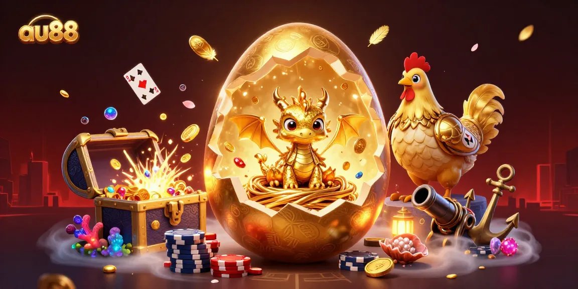 Experience the excitement of au88 with a dragon guarding poker chips among gold treasures.