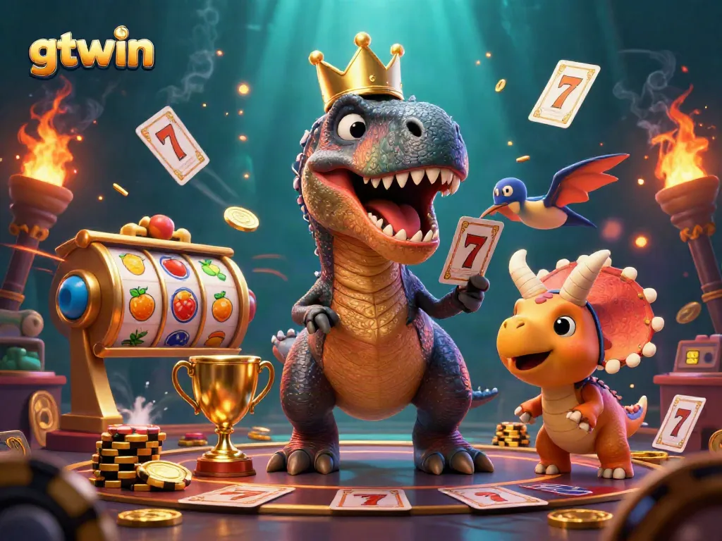 Experience the excitement of gtwin with a dynamic 3D casino scene featuring a friendly T-Rex and vibrant gaming elements.