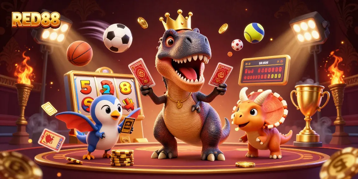 Experience the excitement at RED88 with dynamic gambling action featuring T-Rex and friends.