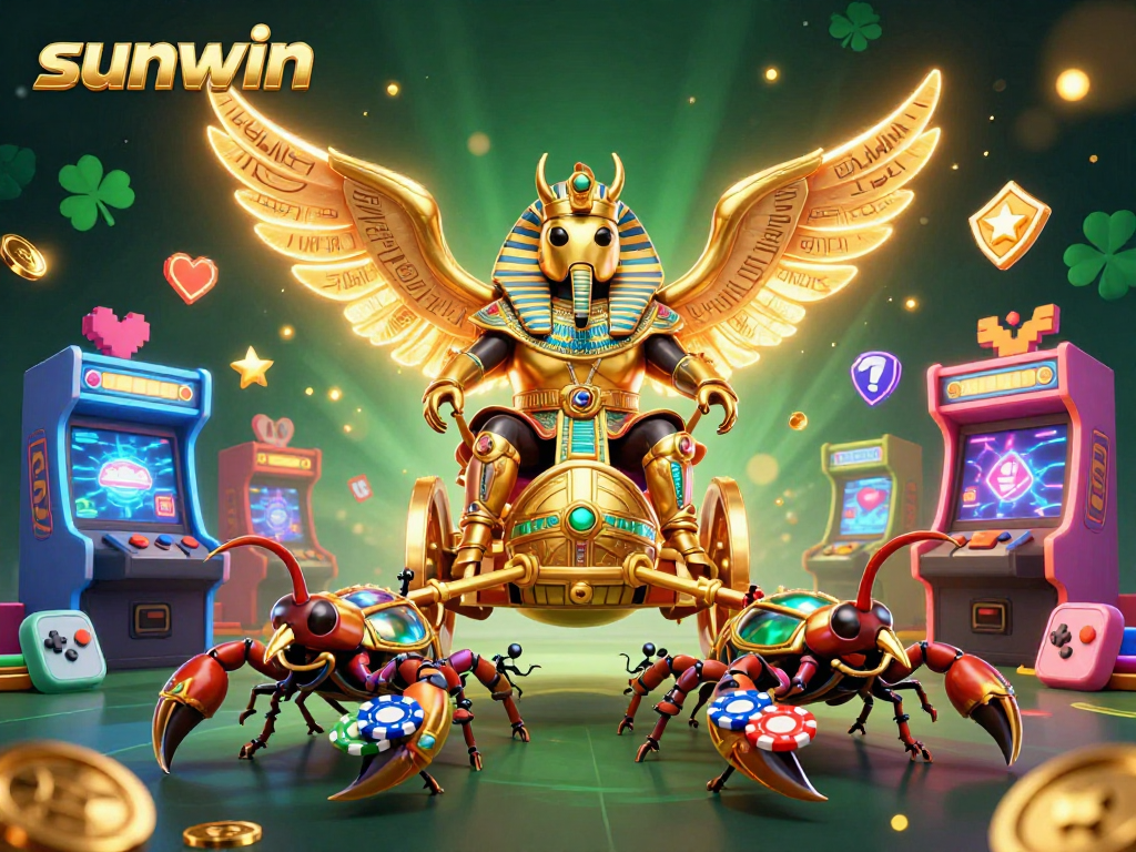 Engage in thrilling gaming at sunwin with vibrant scenes of a colossal scarab, scorpions, and poker chips.