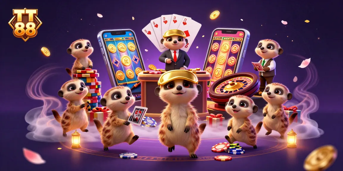 TT 88 meerkats operating a vibrant casino with slot games, chips, and dazzling atmosphere.