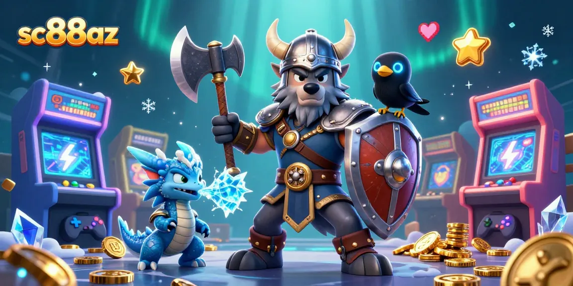 Engage in thrilling gameplay at sc88az with a Viking warrior, dragon, and cartoon elements in a vibrant casino scene.