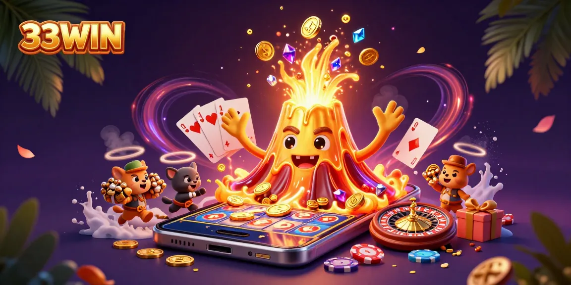 Engage in thrilling gameplay at 33WIN with the golden volcano erupting coins and treasures.