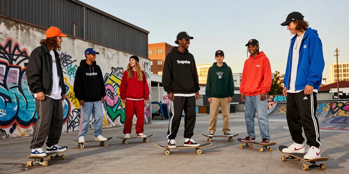 Scena della moda streetwear Trapstar con outfit alla moda e skateboarder in un ambiente urbano.