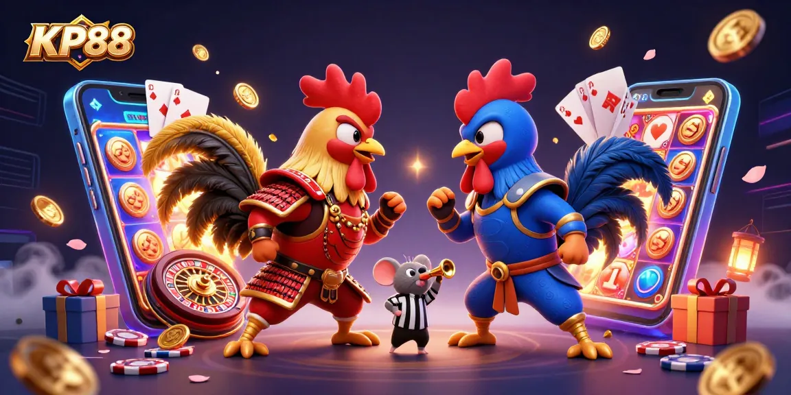 KP88 roosters battle amid exciting casino elements and vibrant game features.