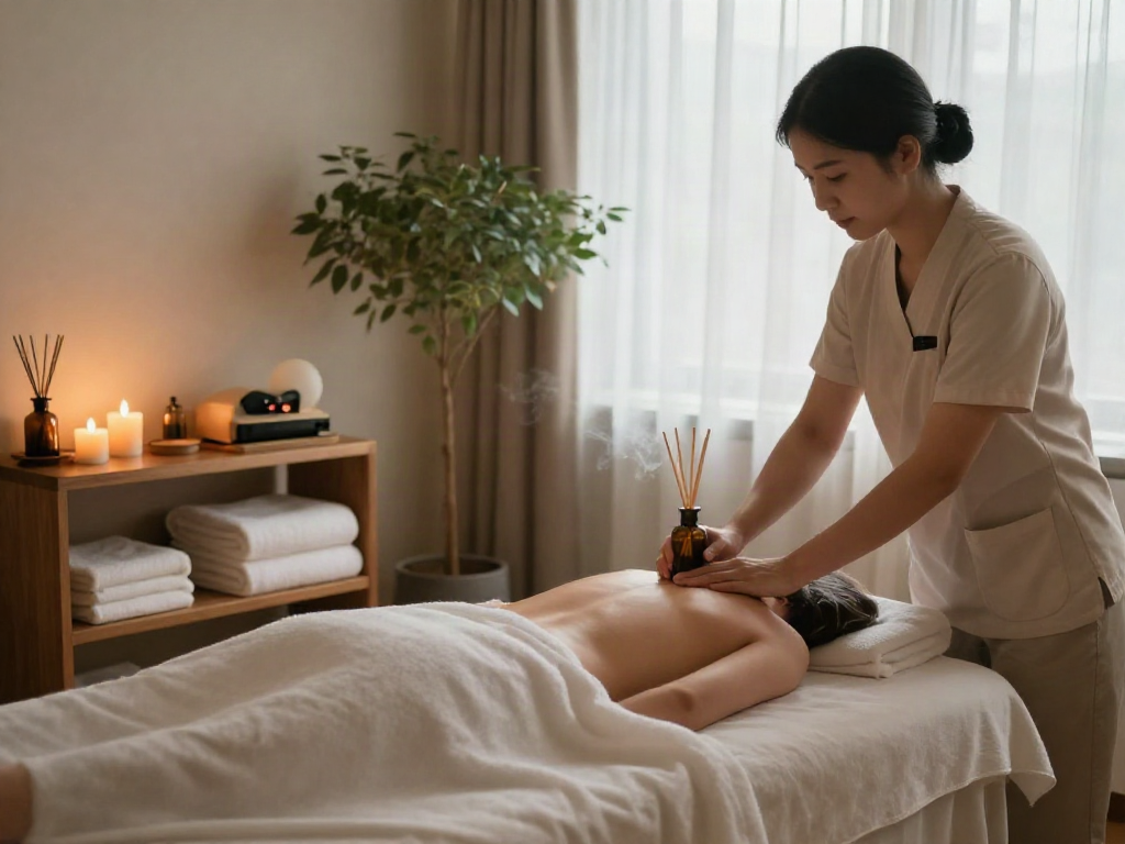 화성출장마사지 in a tranquil massage room with soft lighting and calming ambiance